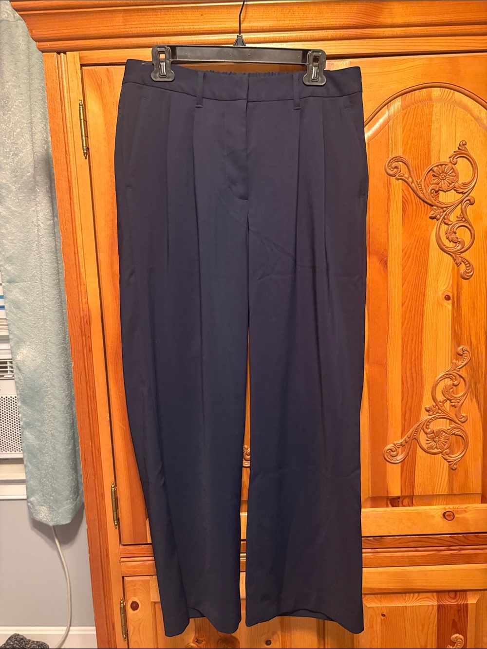 Quince Navy Wide Leg Dress Pants — Classic Pleated Front